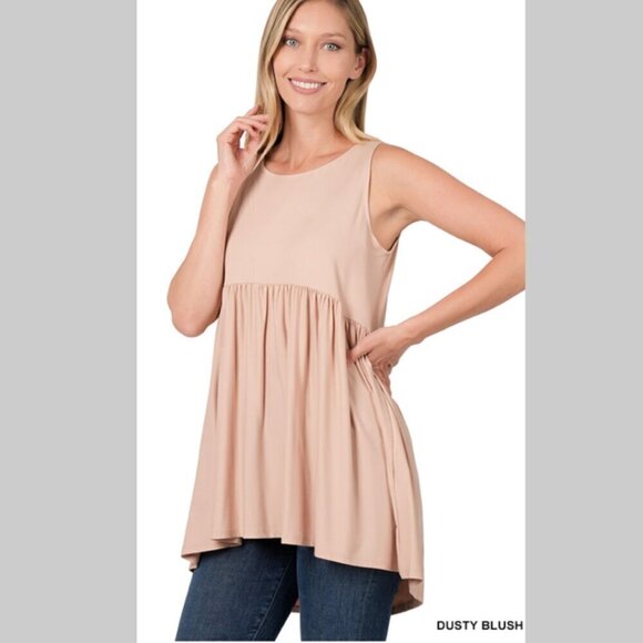NIB Zenana SLEEVELESS EMPIRE WAIST SHIRRING TOP - DUSTY BLUSH - VARIOUS SIZES - Picture 1 of 9